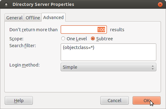 Seamonkey eMail LDAP configuration: Directory server properties, Advanced tab