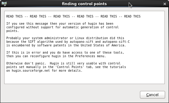 Hugin warning about auto control point functionality